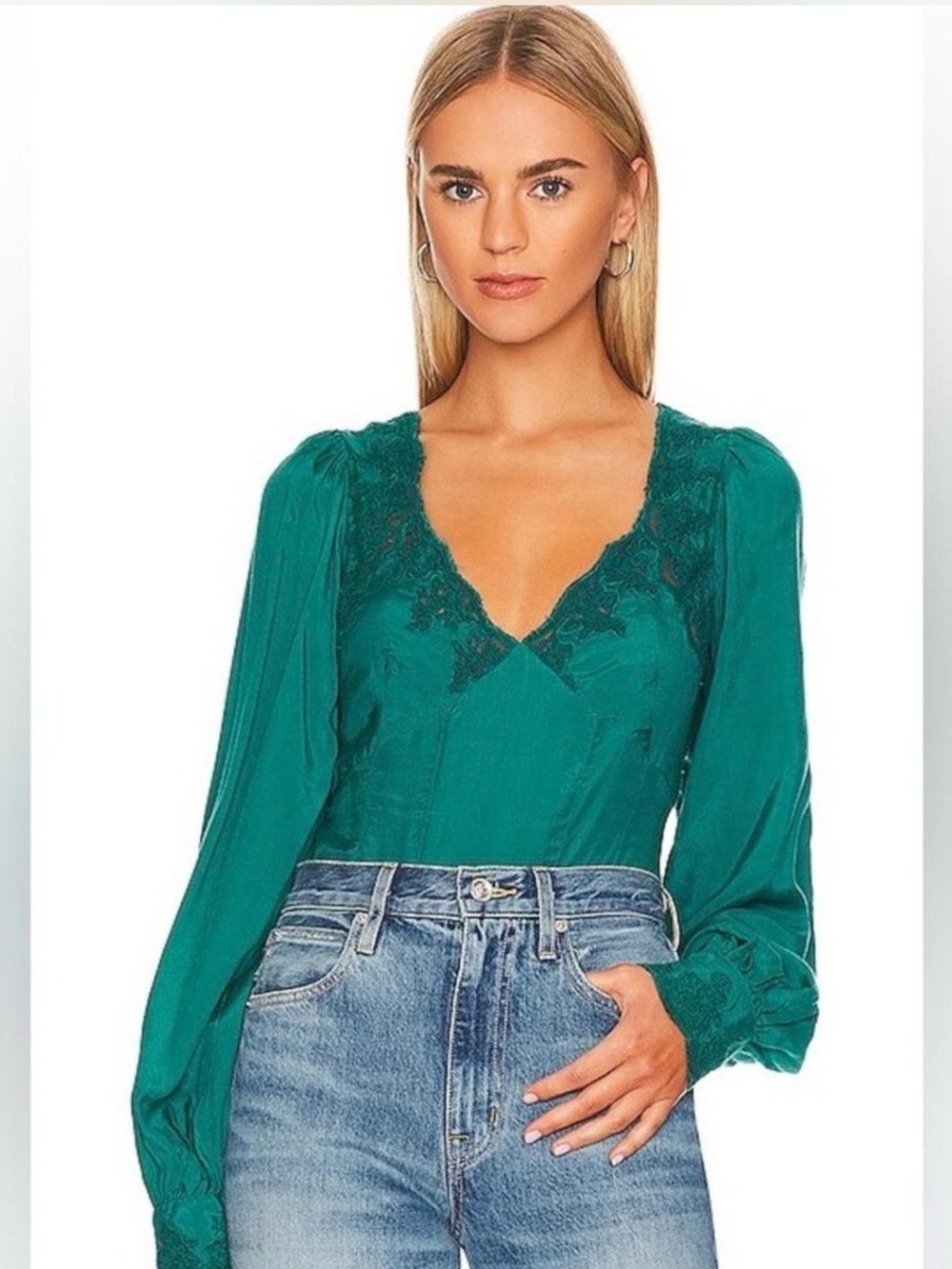 Free People Teal Lace-Trim V-Neck Blouse